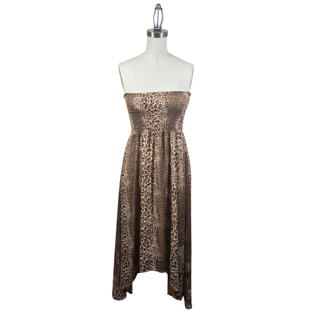 Y2K Strapless Hi Low Dress S Brown Tan Leopard Print Smocked Bodice Indie Sleaze